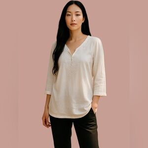 RALPH LAUREN BLOUSE WHITE PLUNGE NECK EMBROIDERED TUNIC TOP